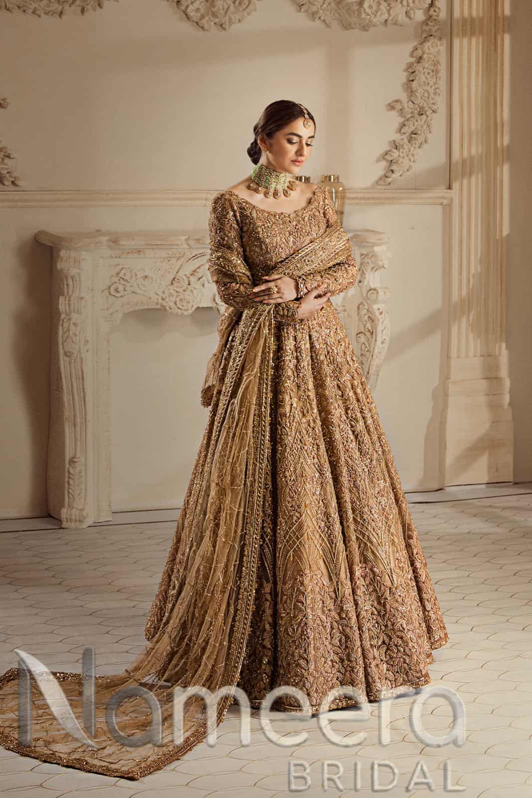 Pakistani Bridal Champagne Gold Lehenga Choli