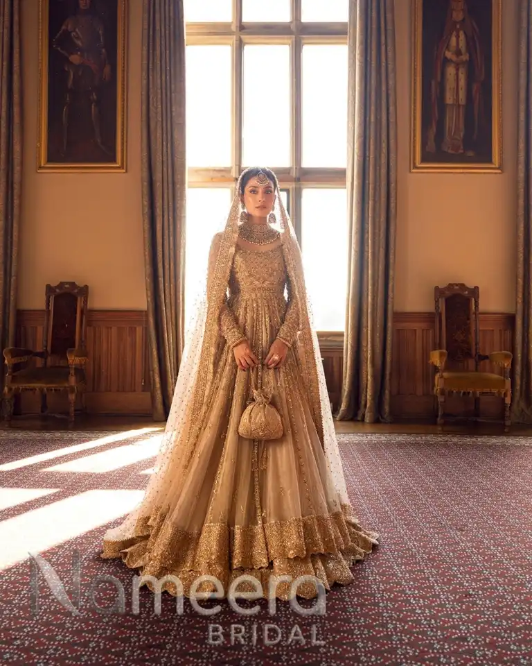 Traditional Gold Bridal Pishwas with Elegant Lehenga