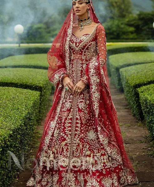 Pakistani Bridal Lehenga Shirt in Red