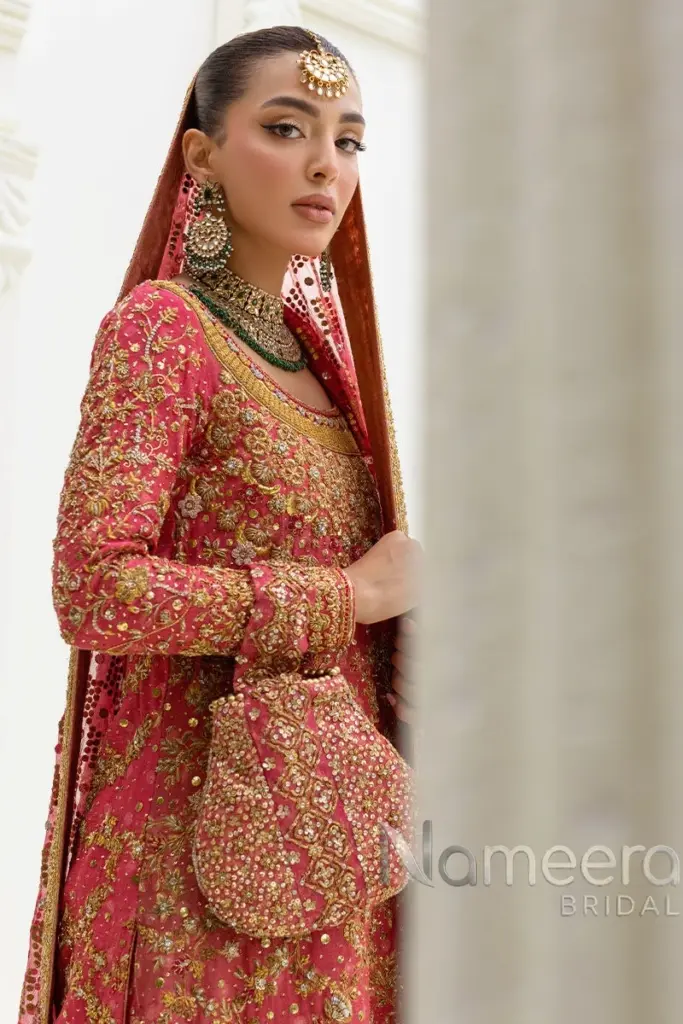 Pakistani Bridal Watermelon Color Farshi Lehenga