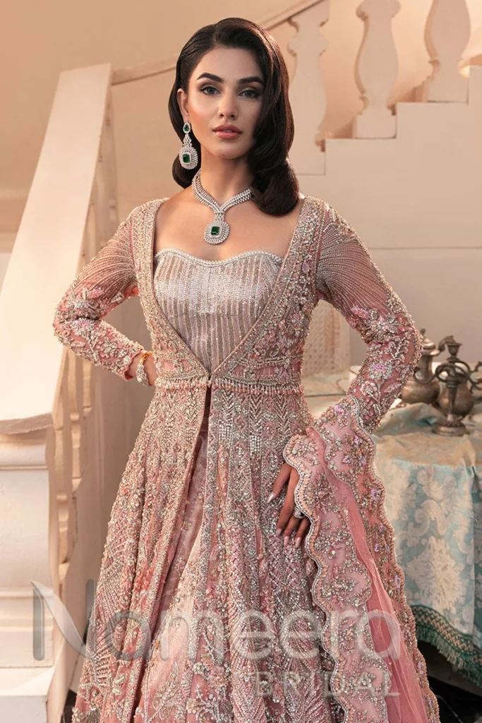Pakistani Bridal Open Pishwas and Lehenga Outfit