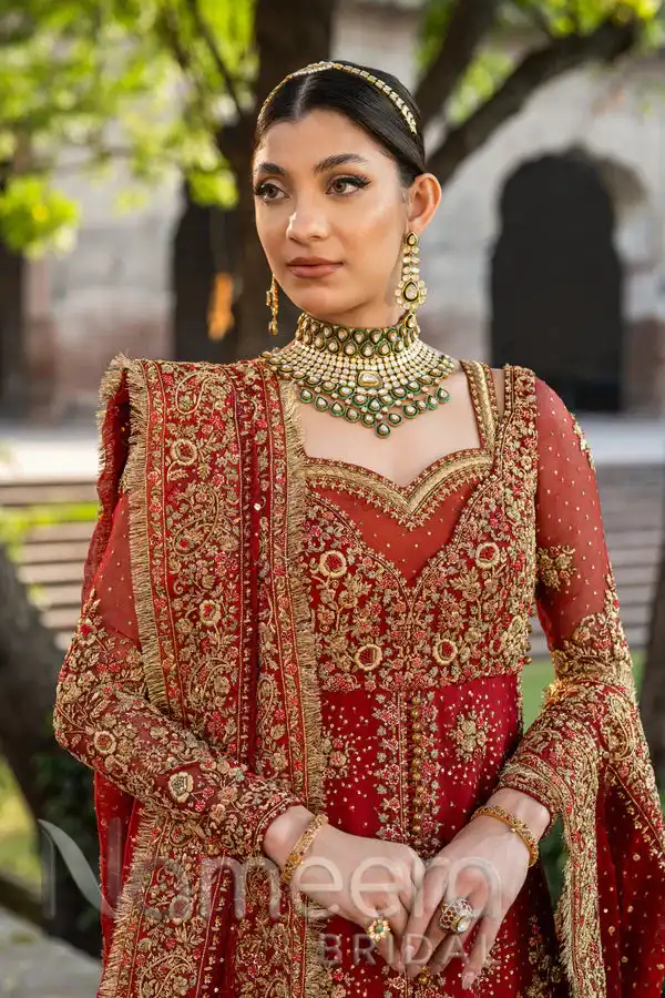 Traditional Red Bridal Open Kameez and Lehenga Outfit