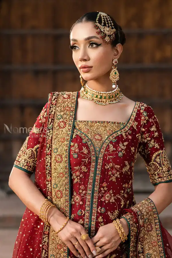 Luxurious Pakistani Bridal Lehenga with Embroidered Open Frock