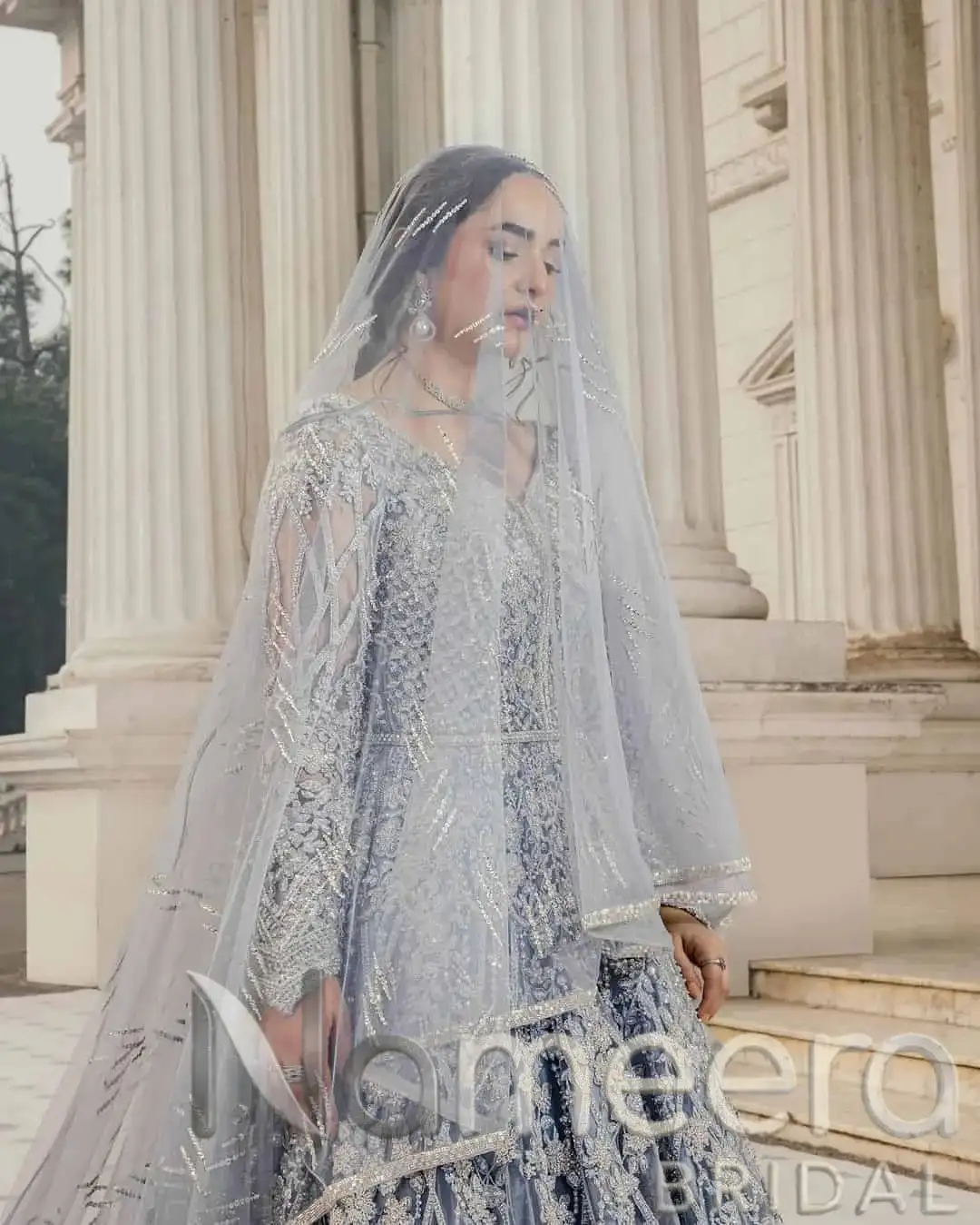 Latest Pakistani Bridal Ice Blue Maxi
