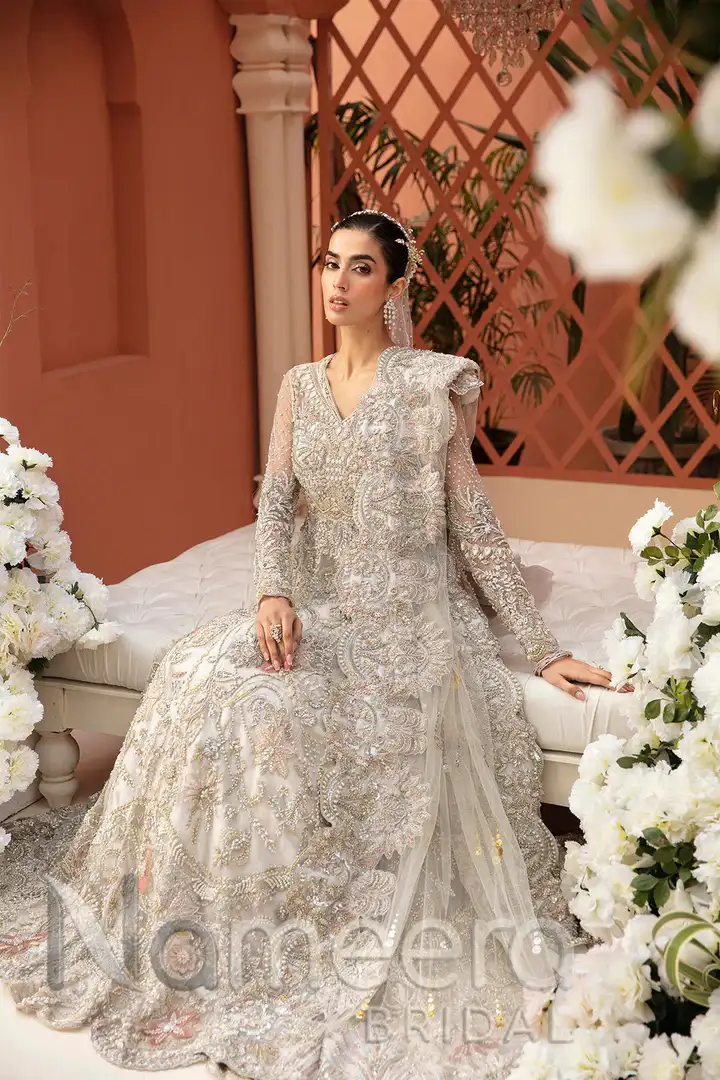 Pakistani Bridal White Embellished Gown Dupatta