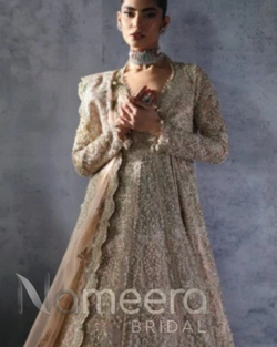 Pakistani Bridal Peach Pink Angrakha Gown with Lehenga