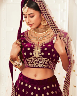 Plum Purple Velvet Embroidered Lehenga