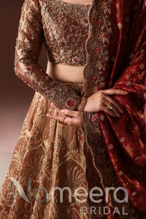 Latest Pakistani Bridal Rust Gold Lehenga Choli