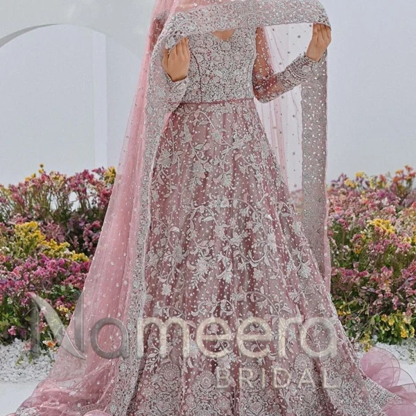 Latest Pakistani Bridal Mauve Gown Lehenga