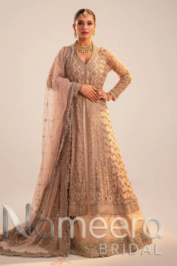 Pakistani Bridal Open Gown Pink Lehenga