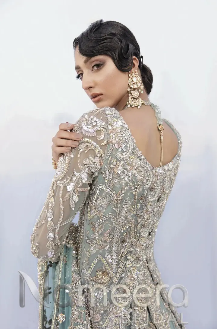 Bridal Ice Blue Lehenga with Open Long Shirt