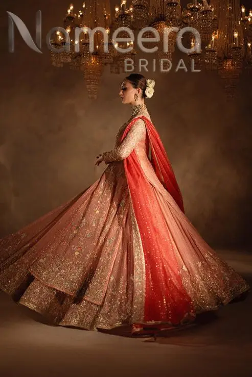 Pakistani Bridal Pink Embellished Pishwas Lehenga