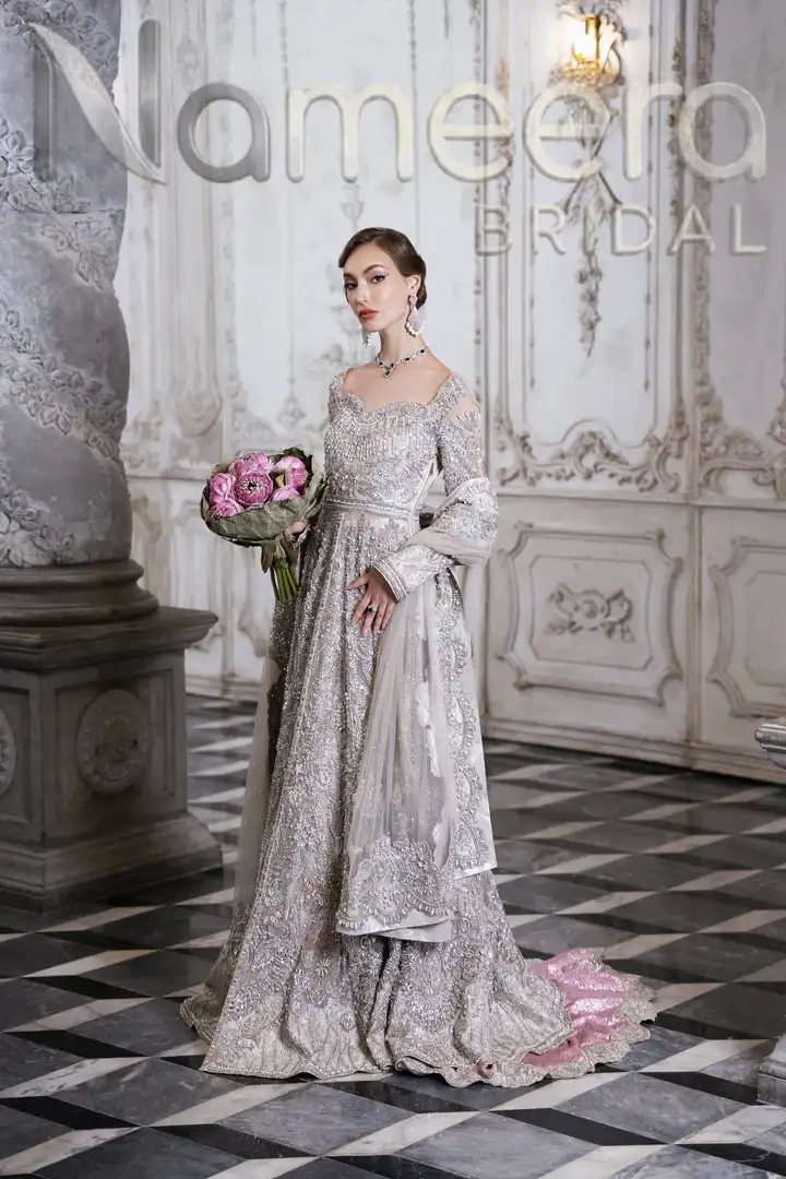 Pakistani Bridal Silver Open Frock Lehenga Wedding Outfit