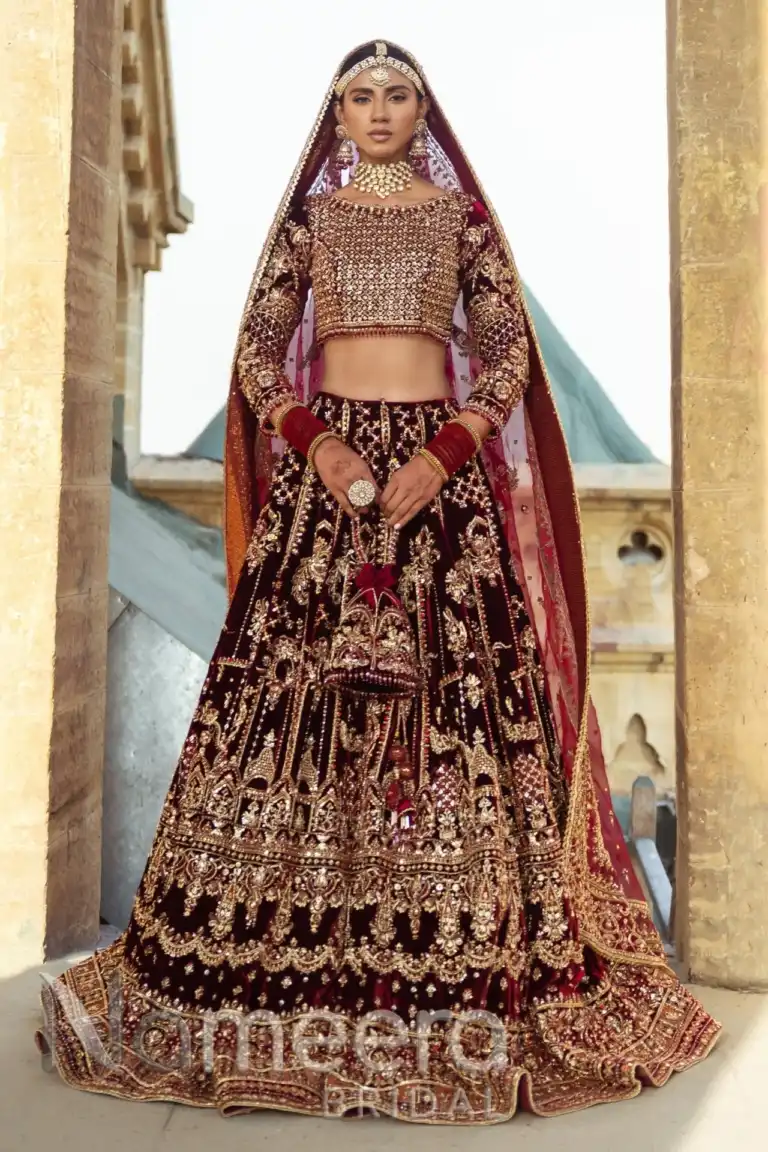 Maroon Pakistani Bridal Lehenga Choli with Embellishments