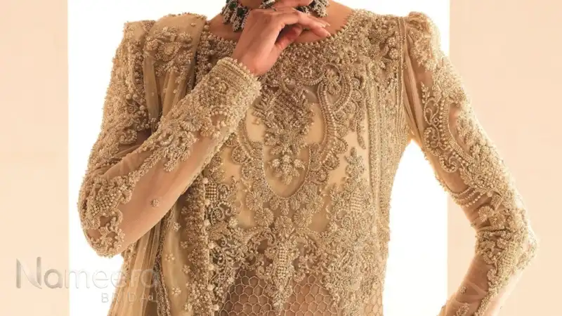 Ivory Pearl Pakistani Bridal Short Shirt Lehenga Style