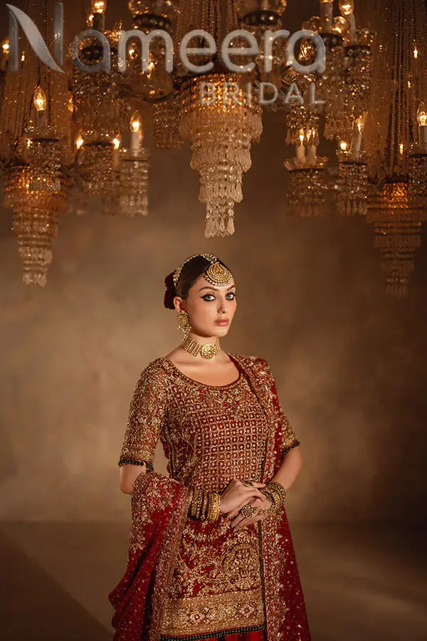 Pakistani Bridal Red Gold Shirt Gharara