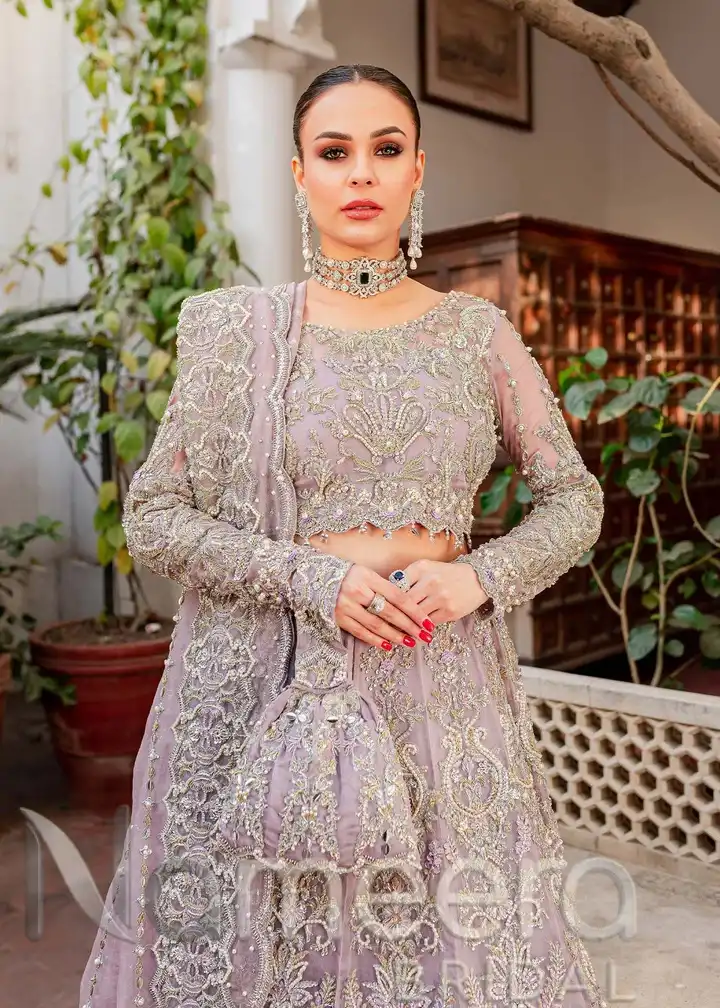 Pakistani Bridal Shirt Lehenga In Lilac Color