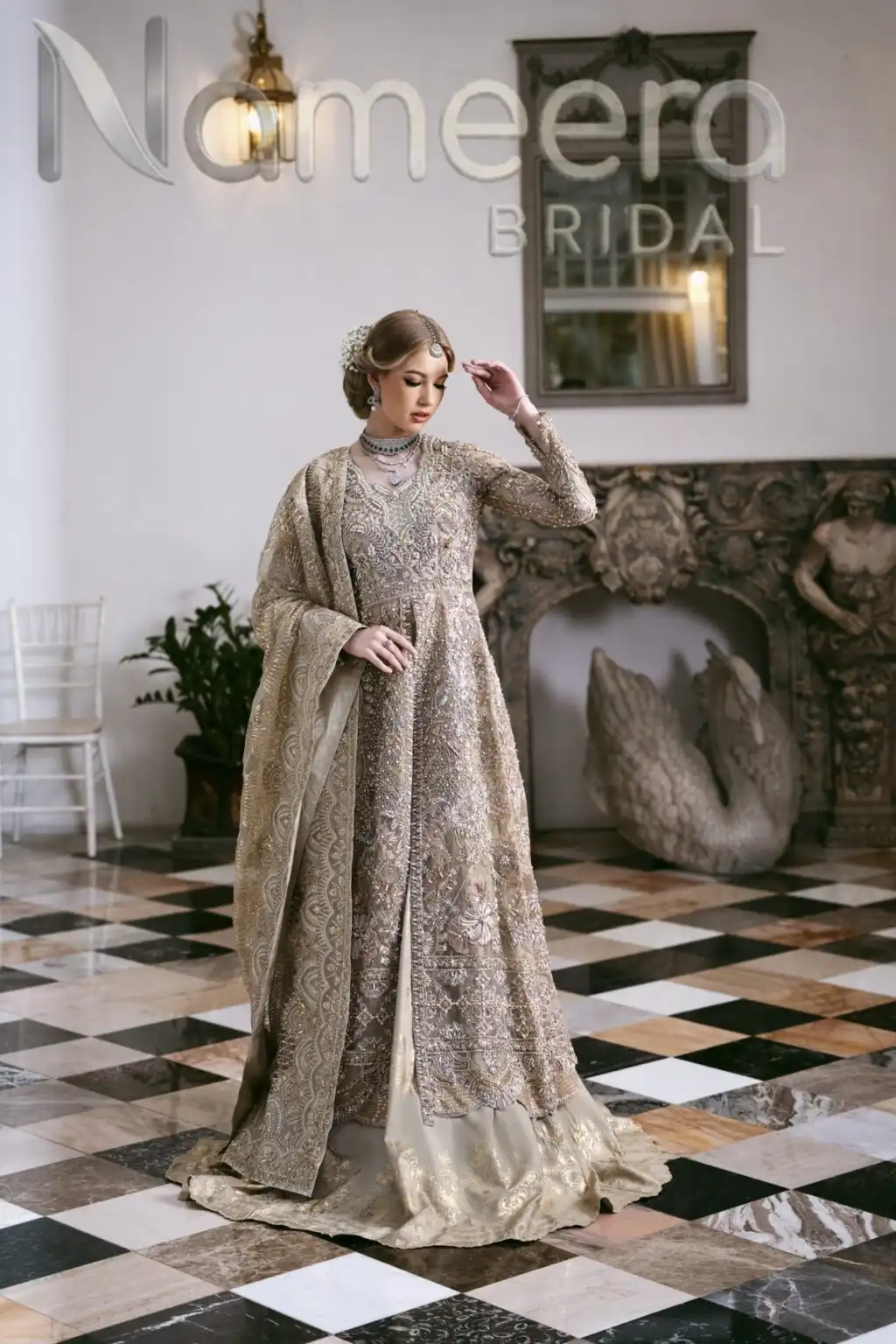 Pakistani Bridal Pearl Open Gown Lehenga