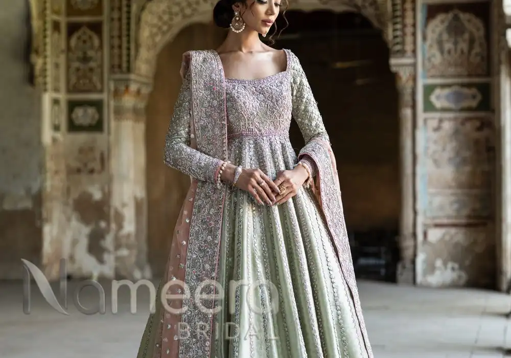 Pakistani Bridal Wear in Pink Green Pishwas Style