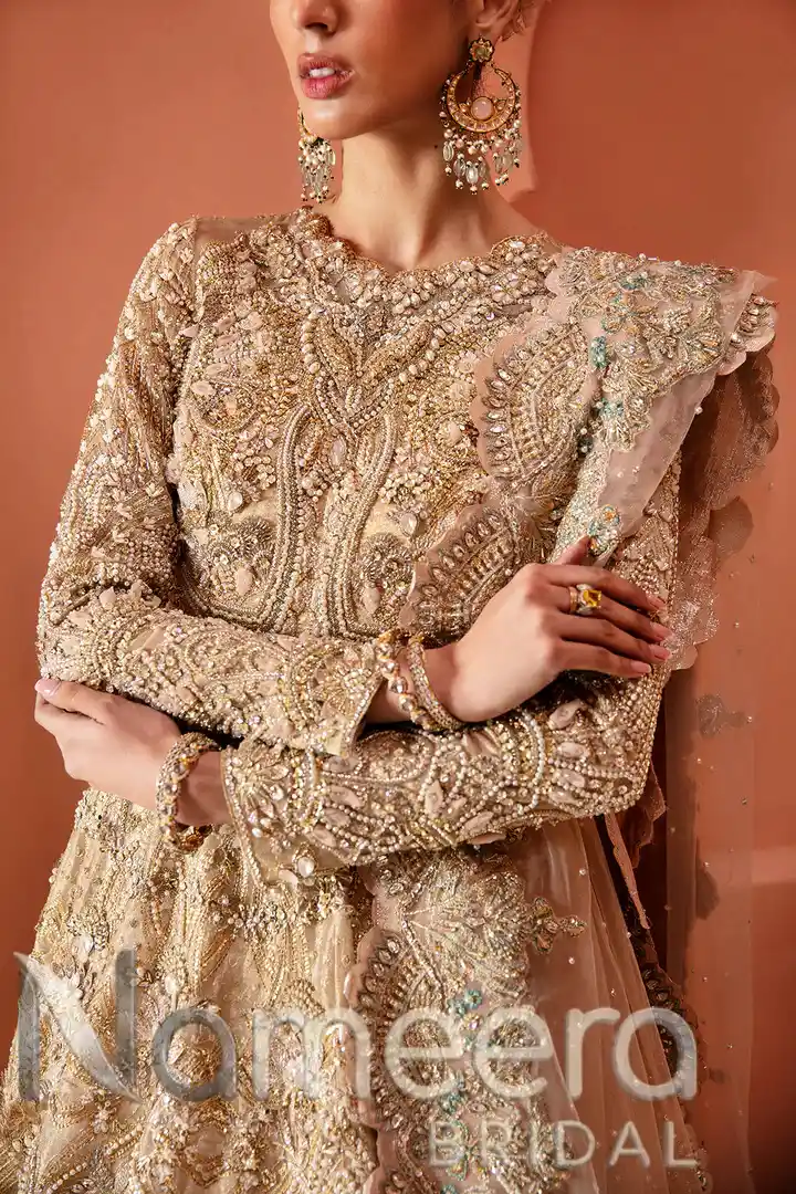Pakistani Bridal Embellished Gold Pearl Gown