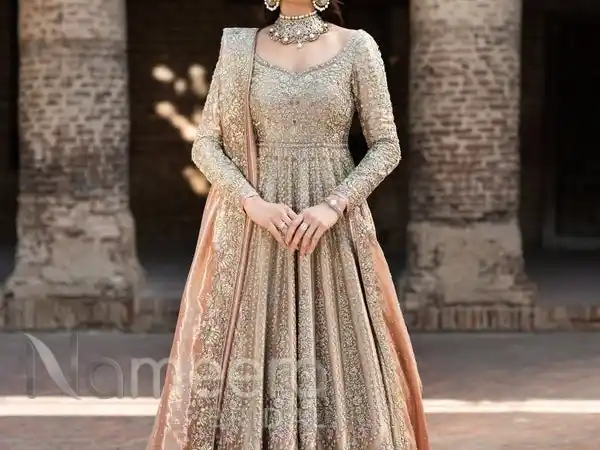 Pakistani Bridal Pishwas Peachy Gold Frock Lehenga