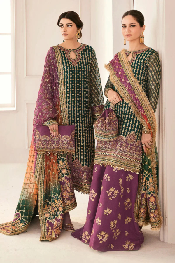 Pakistani Party Green Kameez Purple Salwar - Image 4