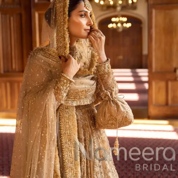 Traditional Gold Bridal Pishwas with Elegant Lehenga