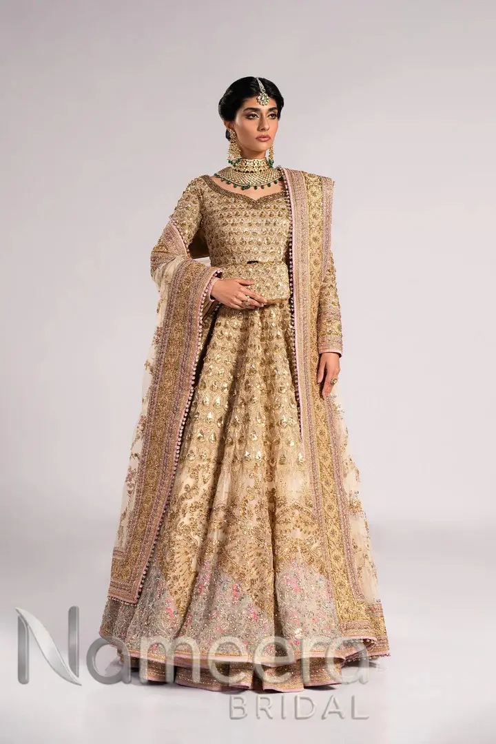 Pakistani Bridal Gold Pishwas Lehenga Style