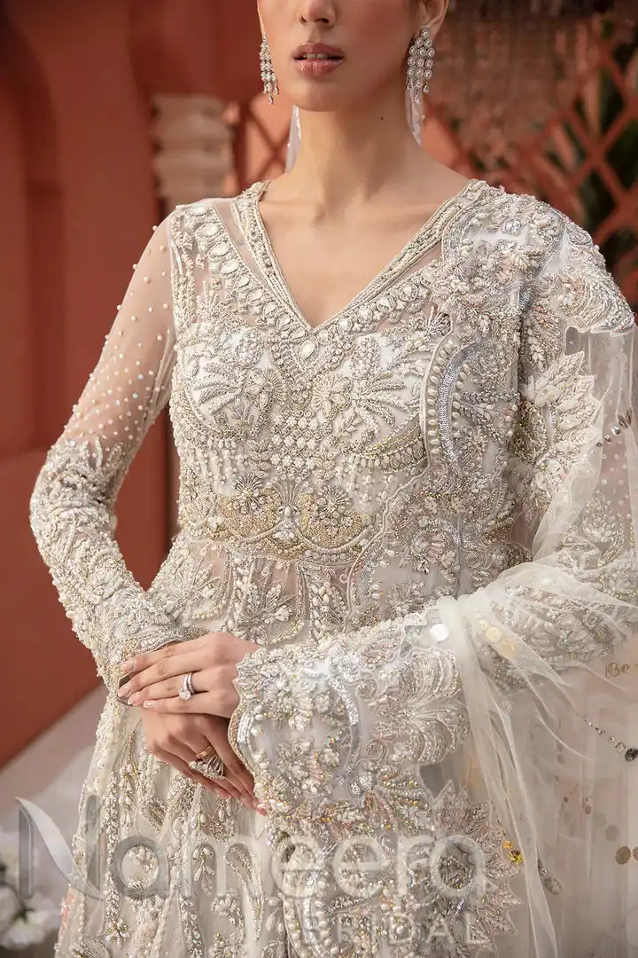 Pakistani Bridal White Embellished Gown Dupatta