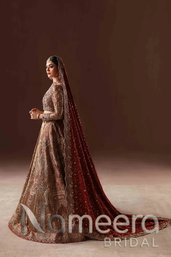 Latest Pakistani Bridal Rust Gold Lehenga Choli