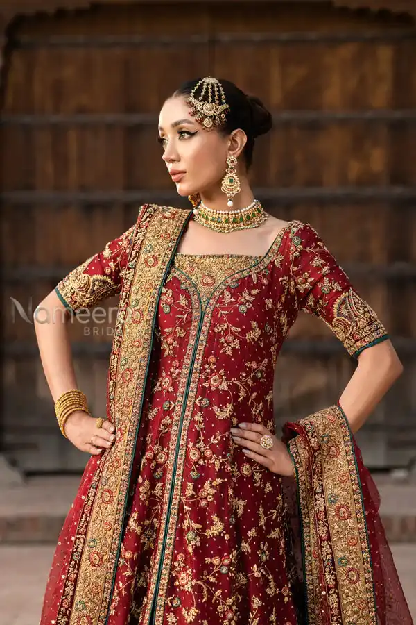 Luxurious Pakistani Bridal Lehenga with Embroidered Open Frock