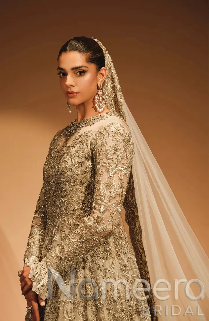 Embellished Pakistani Bridal Off-White Gown