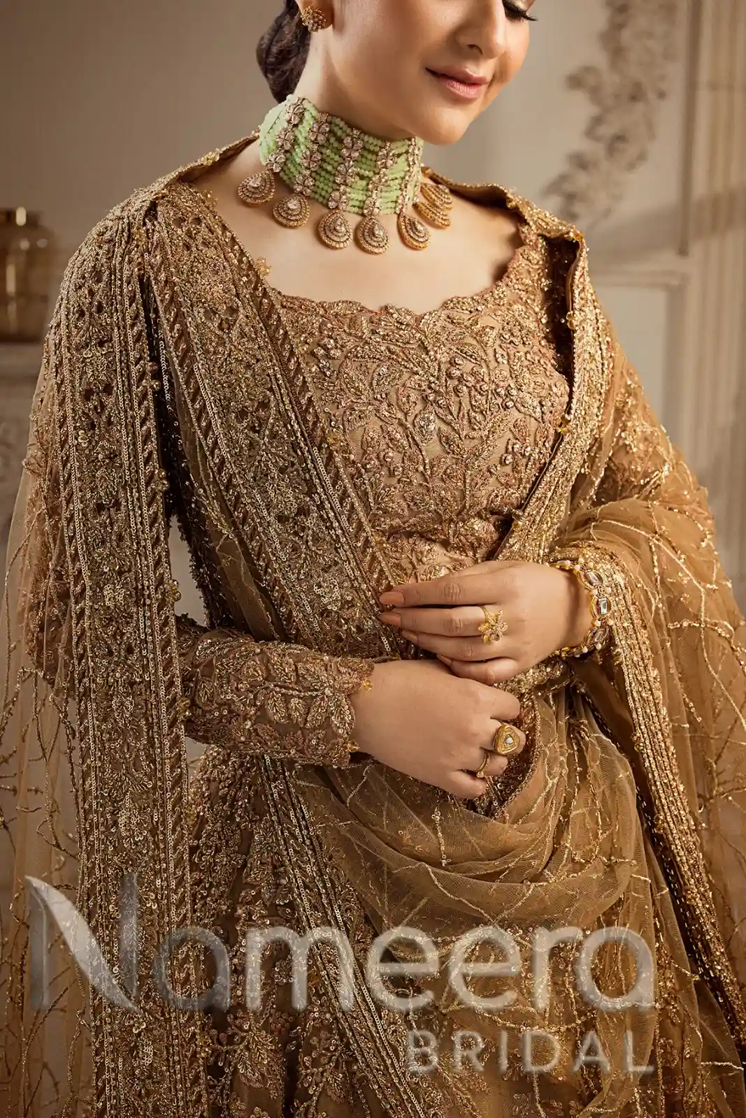 Pakistani Bridal Champagne Gold Lehenga Choli