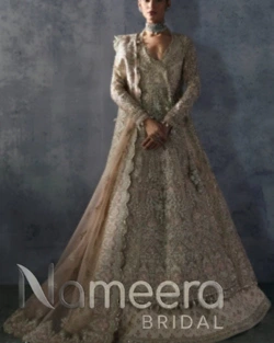 Pakistani Bridal Peach Pink Angrakha Gown with Lehenga