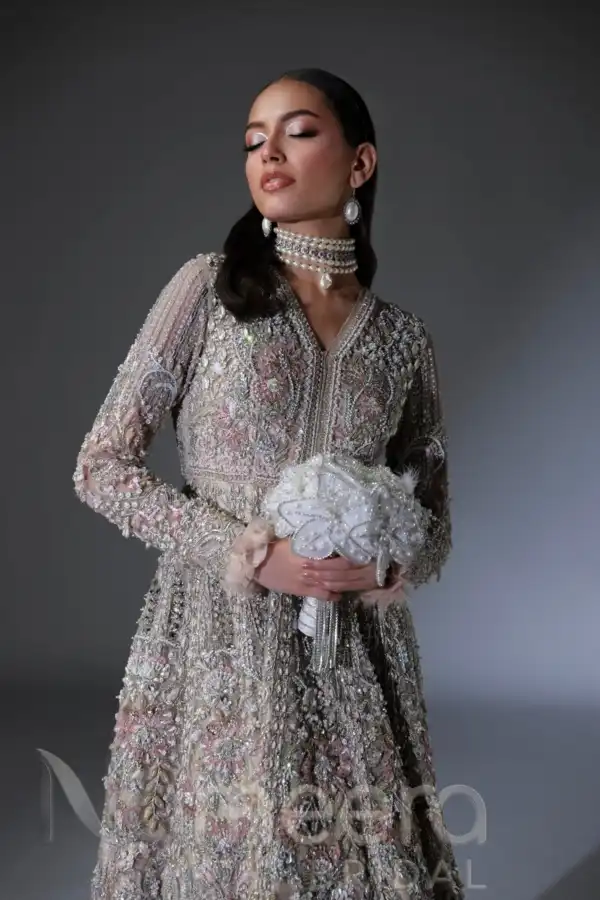 Pakistani Bridal Wear Gown Dupatta in Pink Net