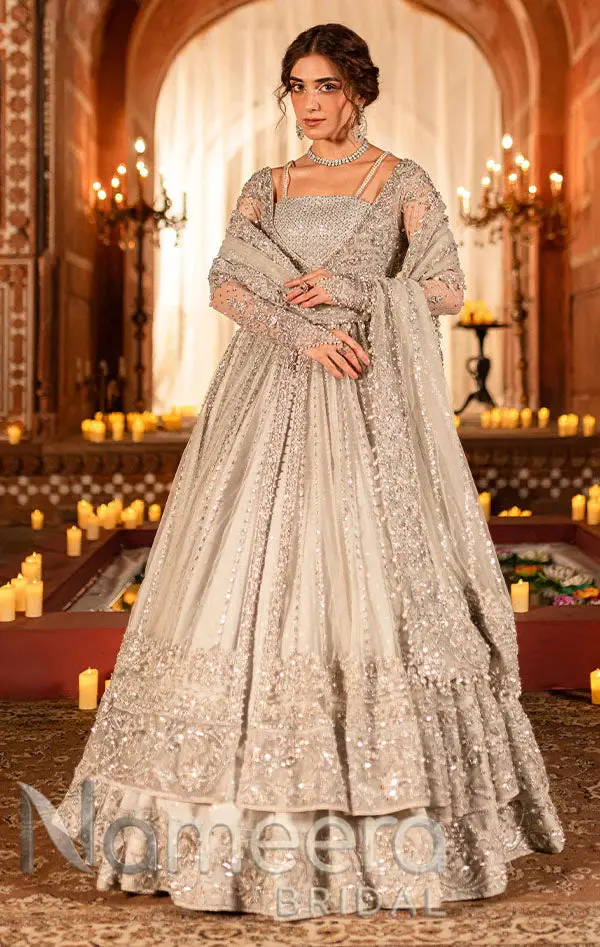 Pakistani Bridal Silver-Grey Pishwas Lehenga