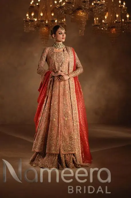 Pakistani Bridal Pink Embellished Pishwas Lehenga