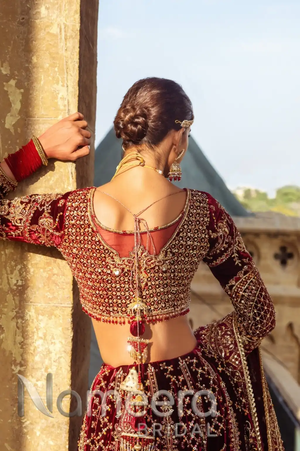 Maroon Pakistani Bridal Lehenga Choli with Embellishments