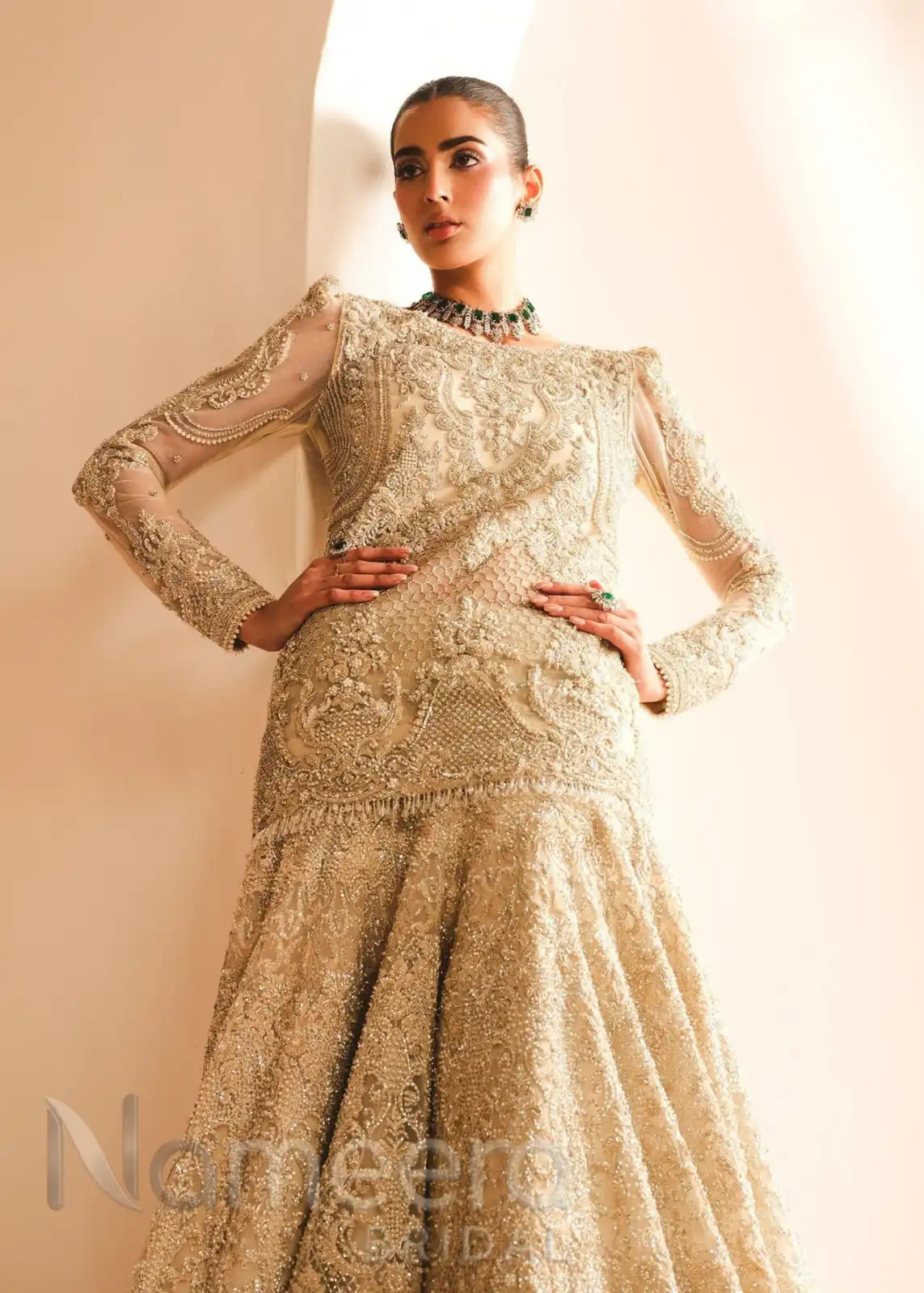 Ivory Pearl Pakistani Bridal Short Shirt Lehenga Style