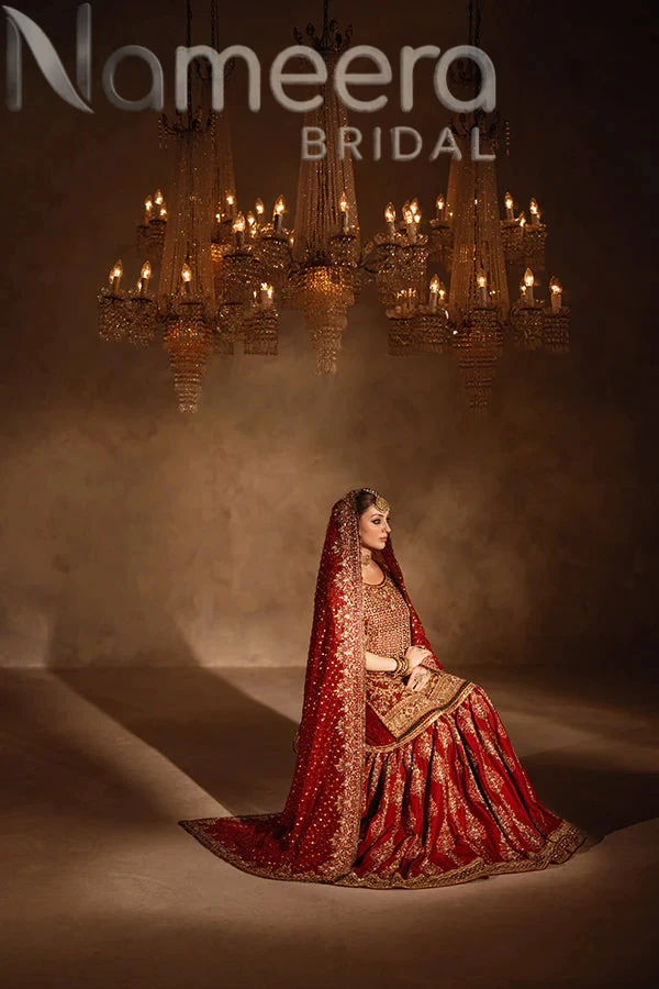 Pakistani Bridal Red Gold Shirt Gharara
