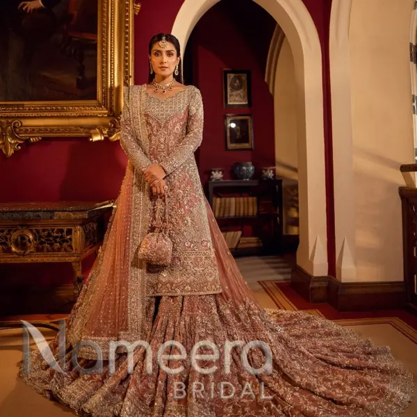 Tea Pink Pakistani Bridal Tissue Shirt and Gharara