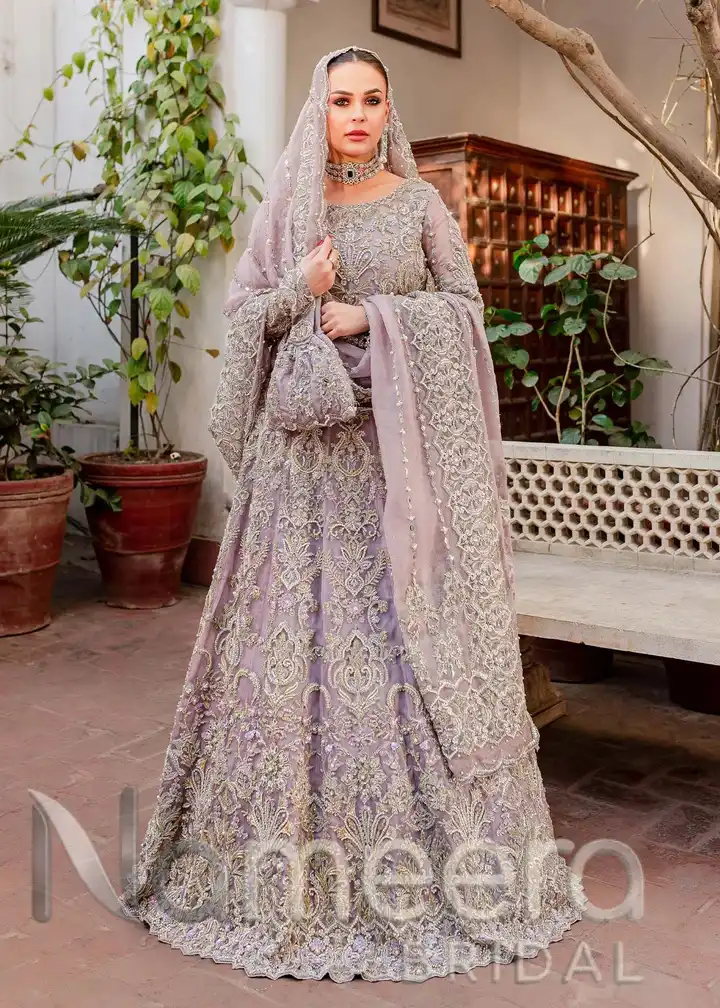 Pakistani Bridal Shirt Lehenga In Lilac Color