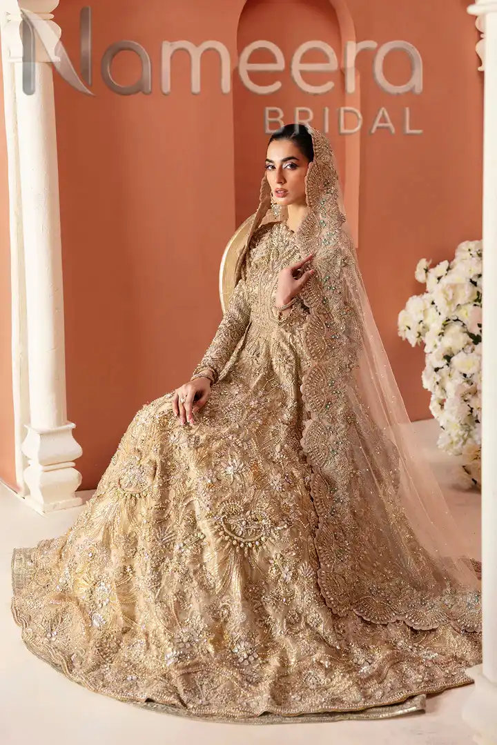 Pakistani Bridal Embellished Gold Pearl Gown