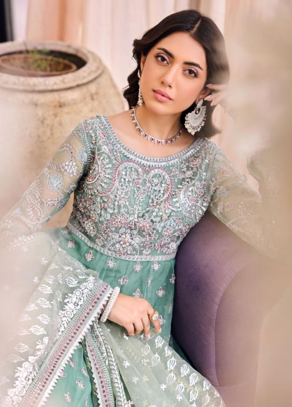 Sea Green Embroidered Pakistani Wedding Maxi - Image 2
