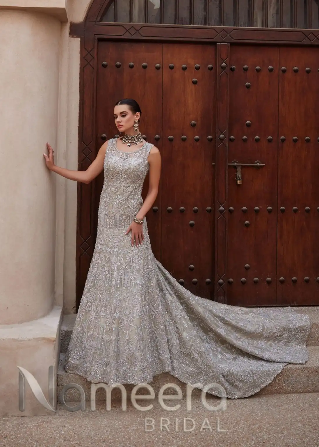 Royal Pakistani Bridal Elegant Silver Gown