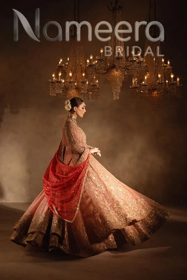 Pakistani Bridal Pink Embellished Pishwas Lehenga