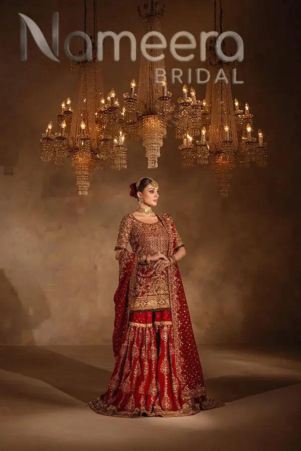 Pakistani Bridal Red Gold Shirt Gharara