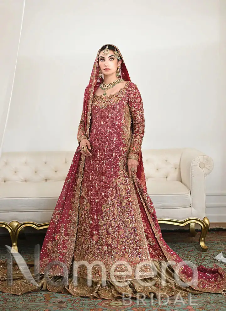 Pakistani Bridal Burnt Burgundy Farshi Lehenga