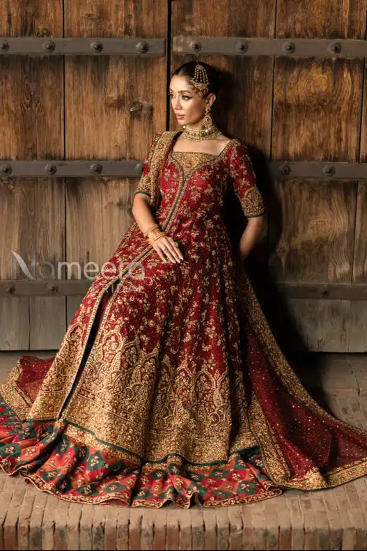 Luxurious Pakistani Bridal Lehenga with Embroidered Open Frock