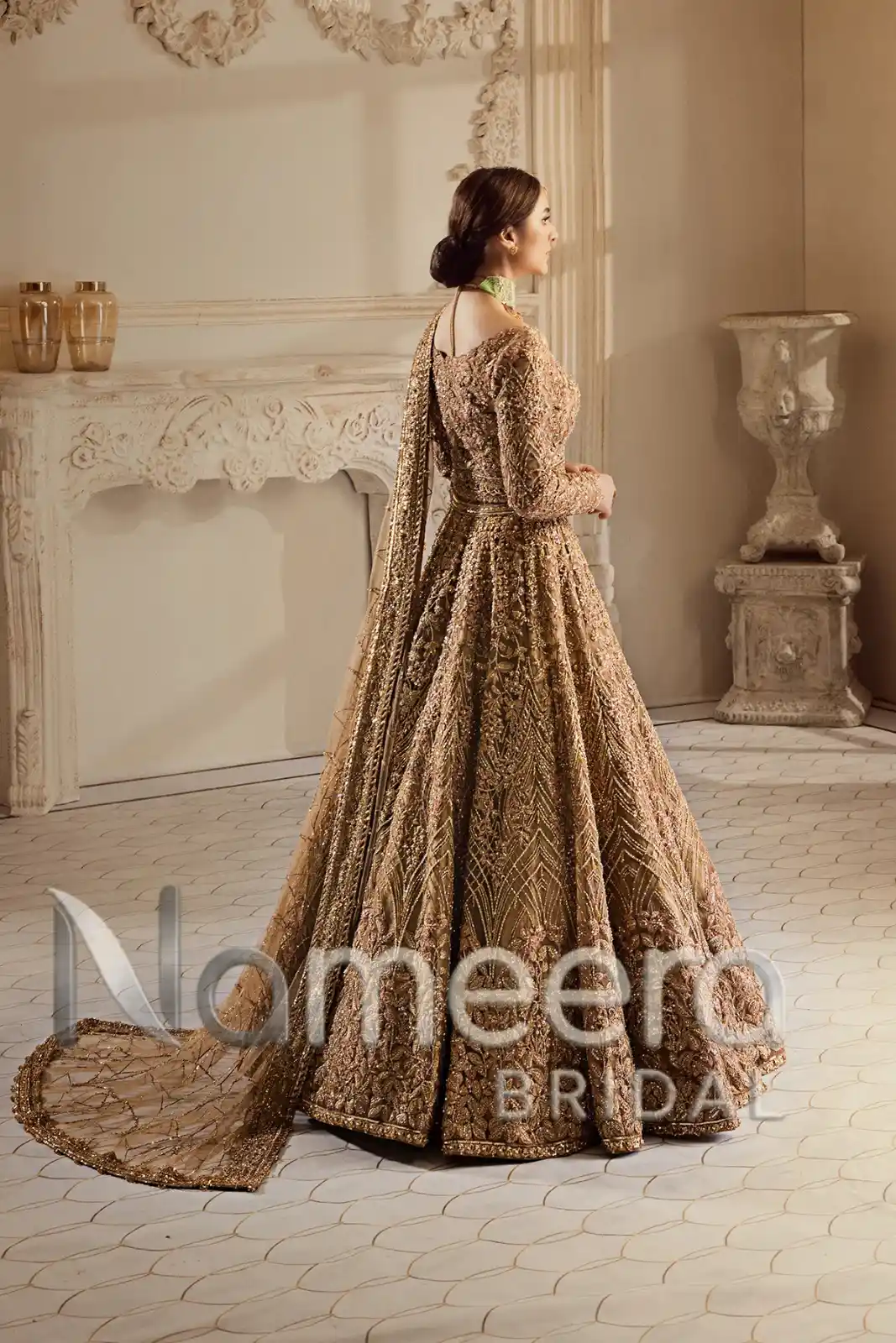 Pakistani Bridal Champagne Gold Lehenga Choli
